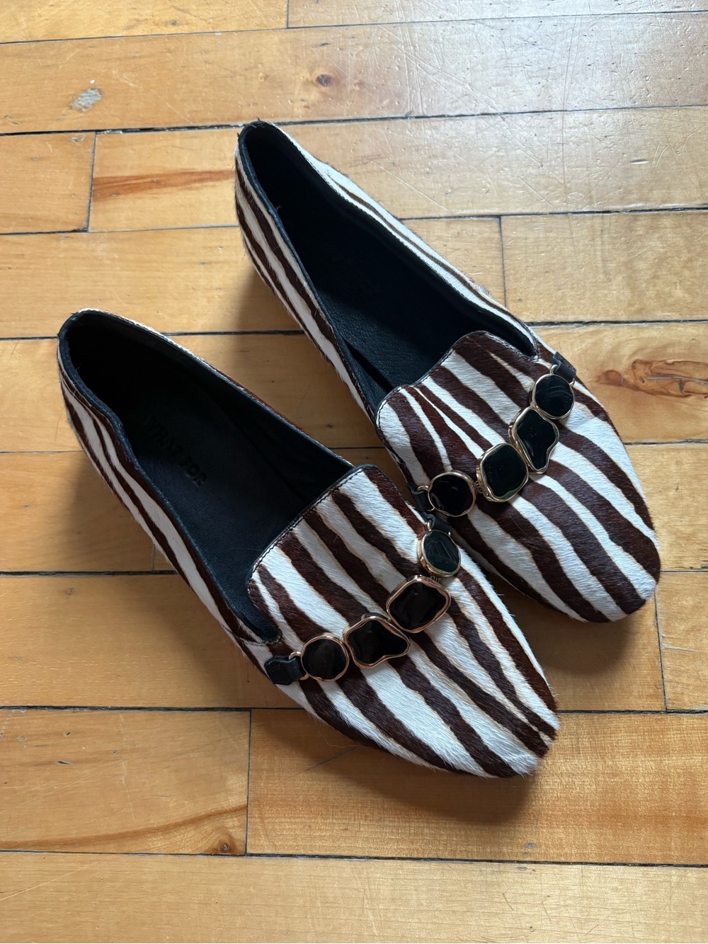 What For Sz 5.5 (36) Zebra Pony Hair Bedazzle Loafers